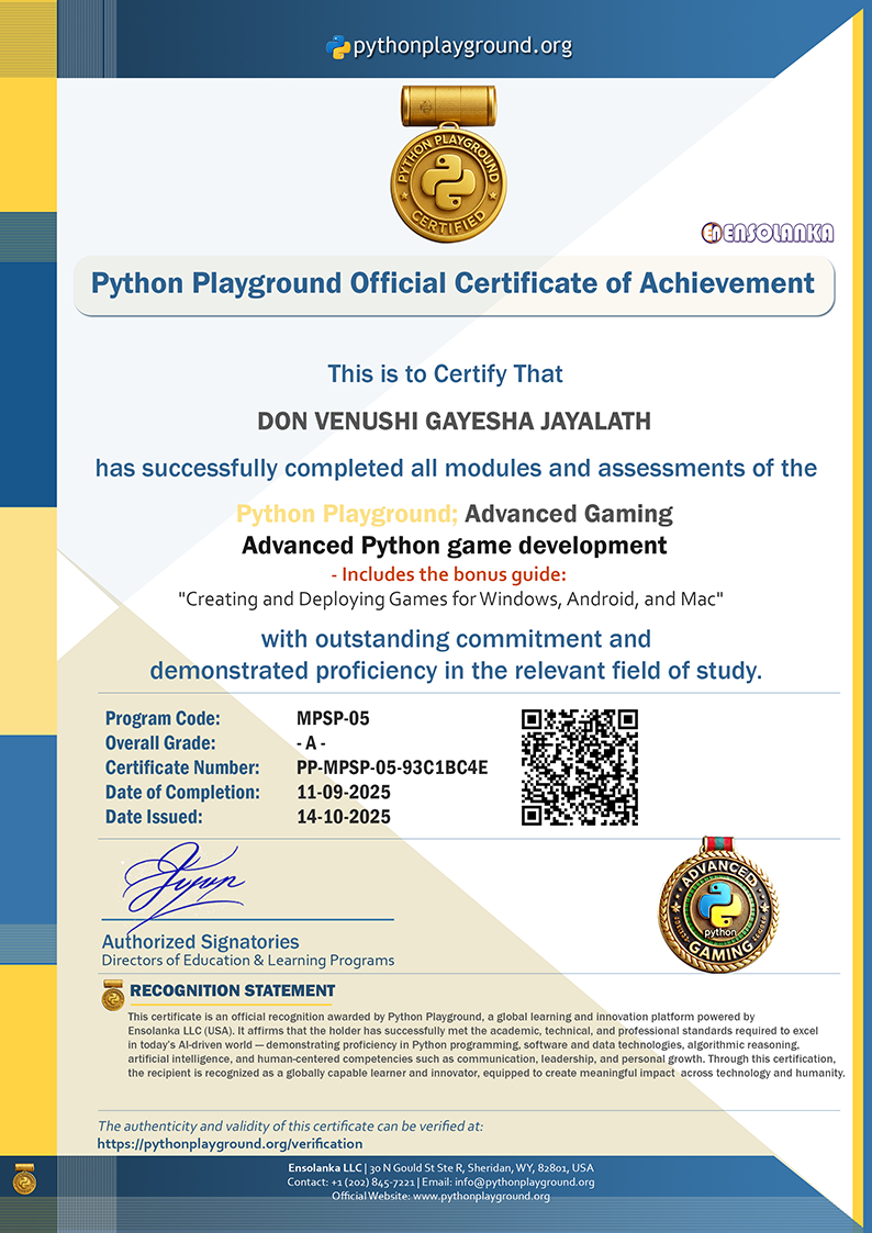 Sample Certificate — Advanced Gaming