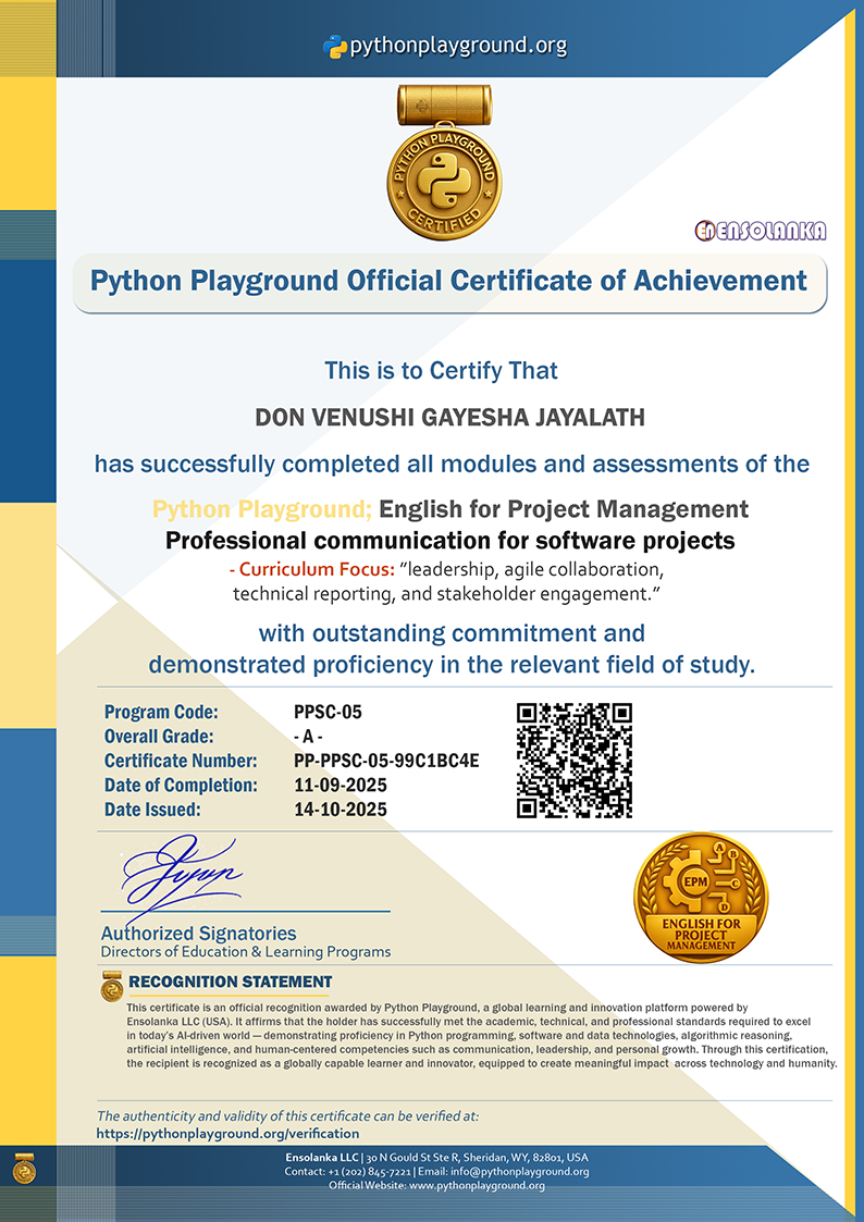 Sample Certificate — English for Project Management