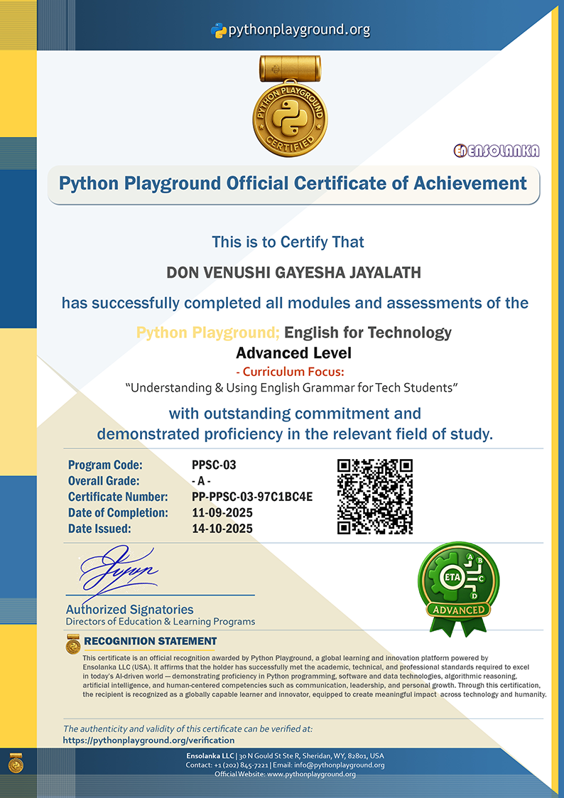 Sample Certificate — English for Technology - Advanced Level