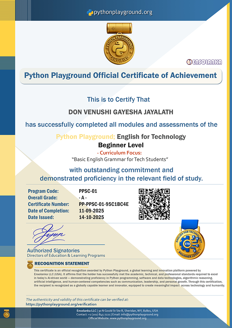 Sample Certificate — English for Technology - Beginner Level