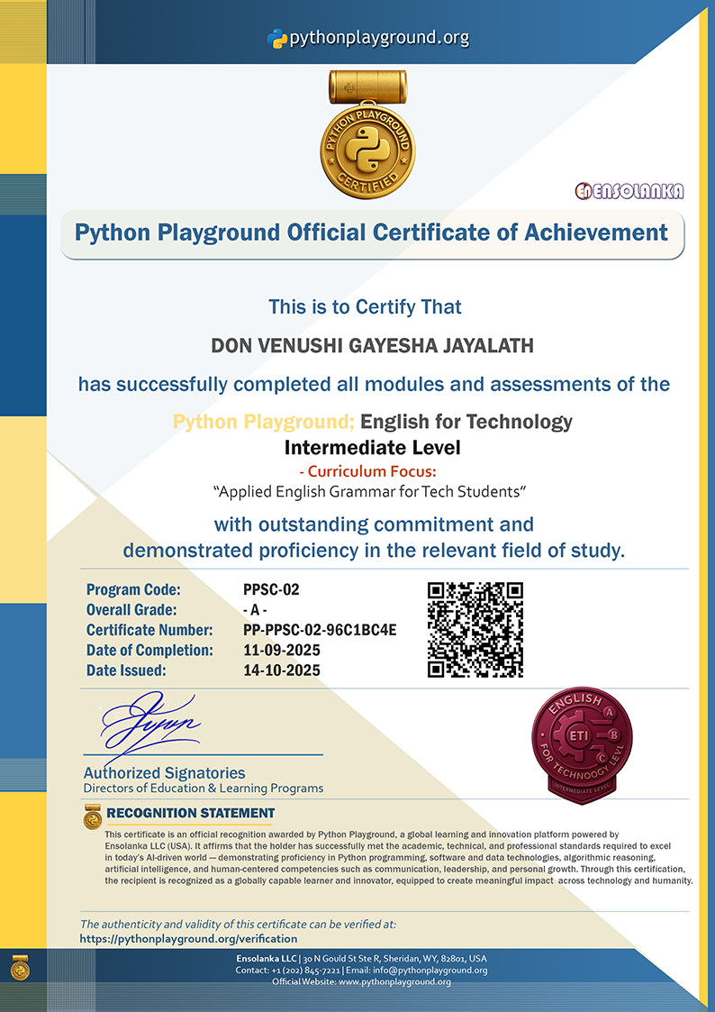 Sample Certificate — English for Technology - Intermediate Level