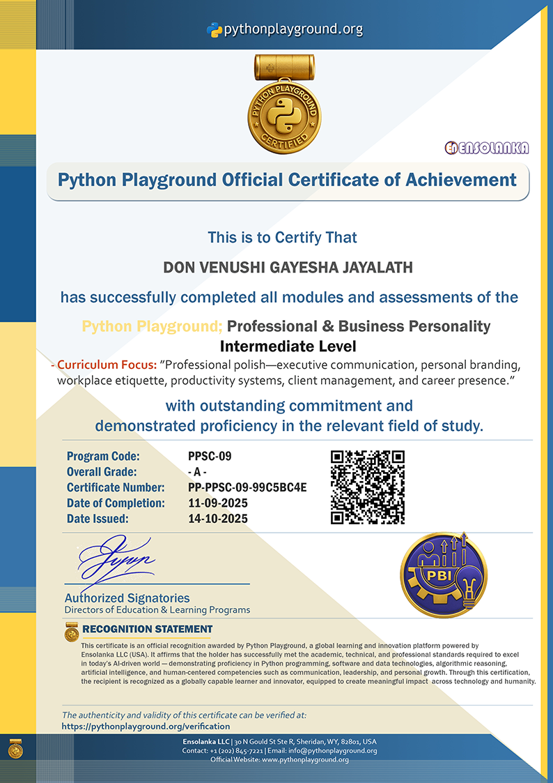 Sample Certificate — Professional & Business Personality - Intermediate Level