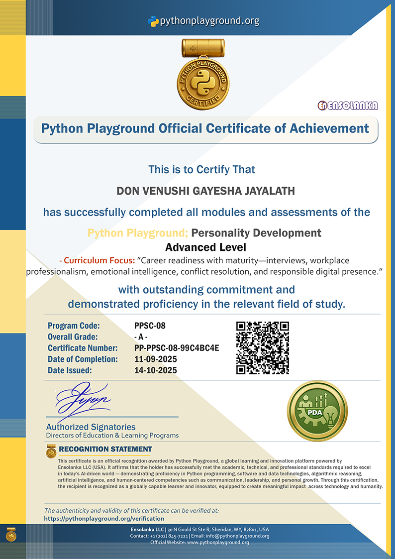 Sample Certificate — Personality Development - Advanced Level