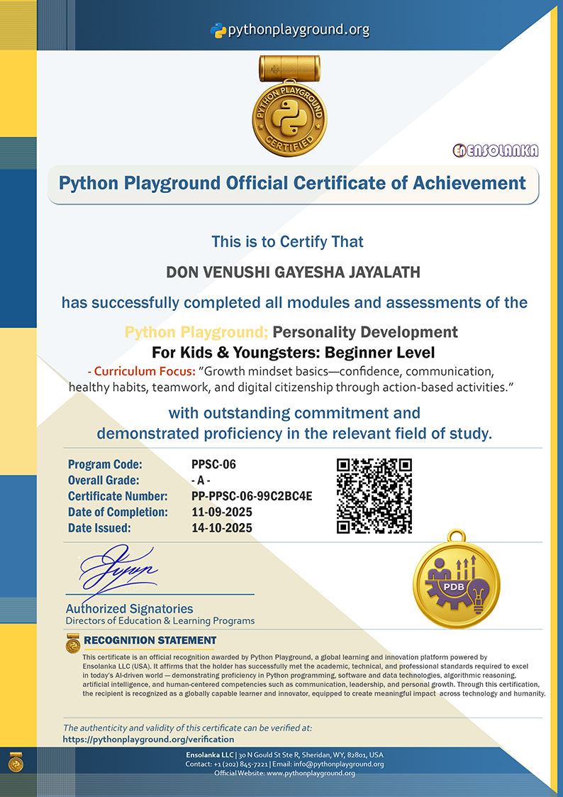 Sample Certificate — Personality Development - Beginner Level