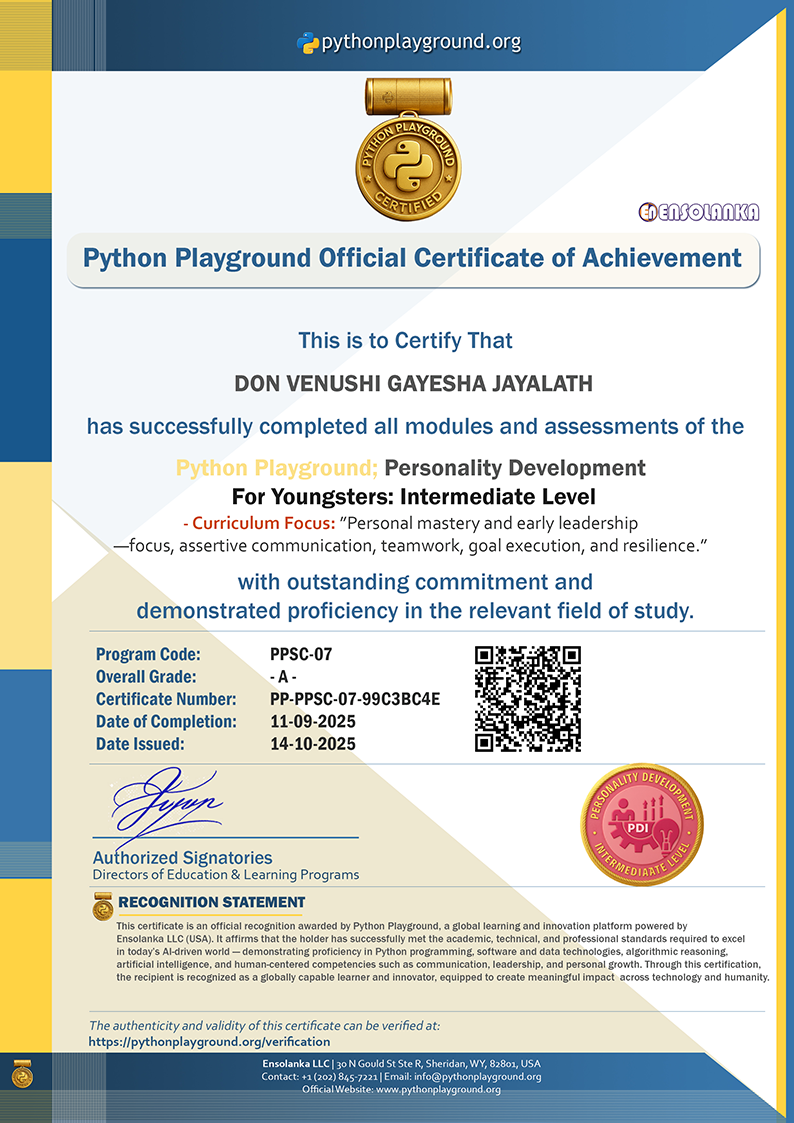 Sample Certificate — Personality Development - Intermediate Level